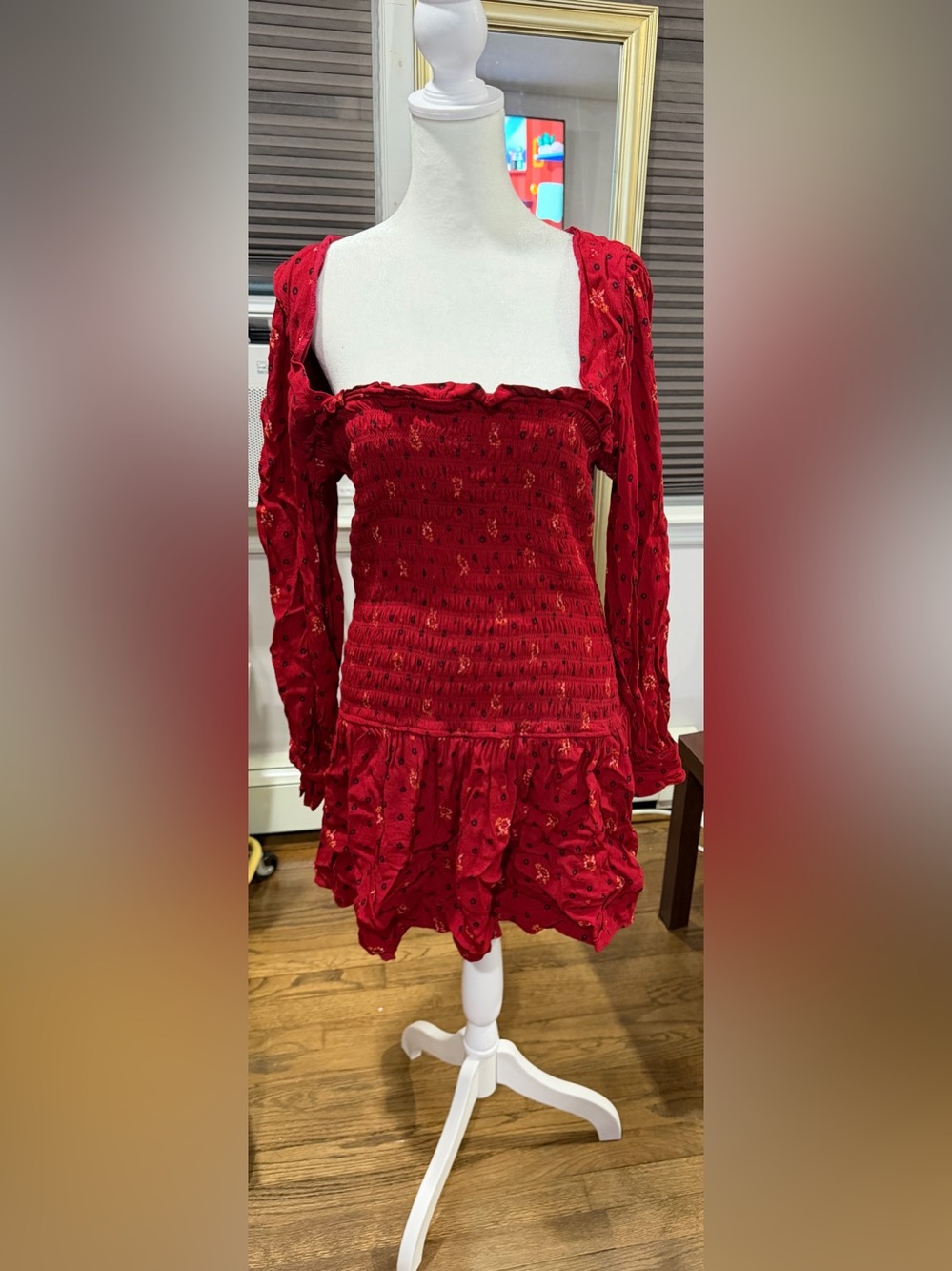 Free people Size L Red Long-Sleeve Smocked Mini Dress - Women's